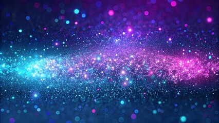 Neon glitter background. Grain texture. Defocused sparkles. Bokeh glow. Fluorescent blue magenta pink color gradient light shimmering sequin pattern.  Abstract modern Purple Glitter Background