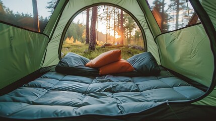 Canvas Print - Inside a tent a camping foldable mattress and pillow