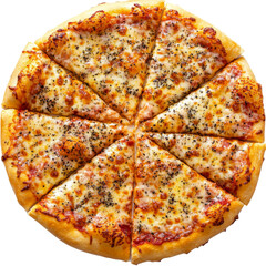 Golden crust cheese pizza, evenly sliced isolated transparent background