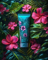 Tropical-themed cosmetic tube with blue floral design, surrounded by vibrant pink and green exotic flowers, vivid jungle atmosphere, ultra-realistic style