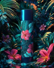 Tropical-themed cosmetic tube with blue floral design, surrounded by vibrant pink and green exotic flowers, vivid jungle atmosphere, ultra-realistic style