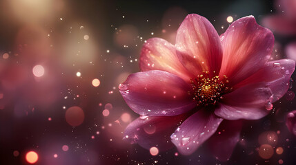 A close-up of a pink flower with a dreamy background of soft lights and bokeh effects.