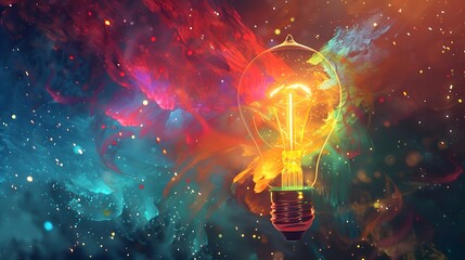 A brilliant display of color surrounds a glowing light bulb in an artistic setting
