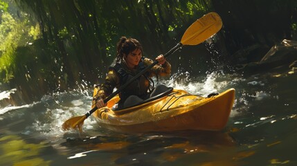 A kayaker rafting struggling with water splashes in boat in rapid river in mountain