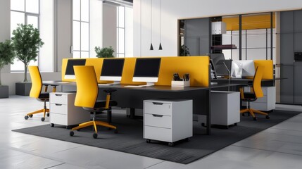 Modern office interior with yellow and black desks and chairs.