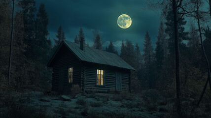 A small cabin is in the woods with a full moon in the background