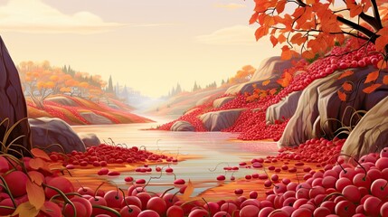 An artistic illustration of cranberries cascading down like falling autumn leaves, with vivid reds and oranges blending in a whimsical, surreal scene