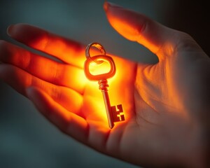 A hand holding a glowing key, symbolizing mystery, security, and discovery. Warm, vibrant lighting illuminates the key in the dark.