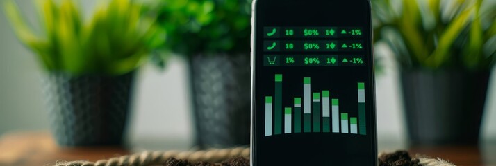 Smartphone displaying green financial charts with plants in background.