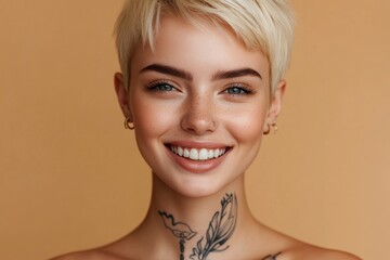 Young blond pretty smiling girl beauty female model with short blonde hair beautiful face healthy skin and tattoos looking at camera isolated at beige background. with generative ai