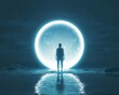 © walaiporn - Silhouette of a person standing before a glowing circular portal on a beach at night, reflecting on the serene water.