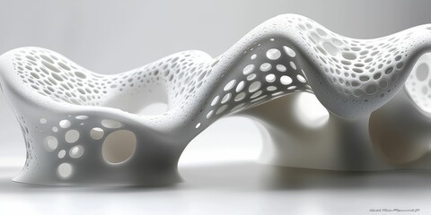 Poster - Abstract white sculpture with intricate holes and curves.