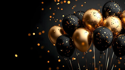 Canvas Print - A cluster of black and gold balloons with confetti, ideal for celebrations.