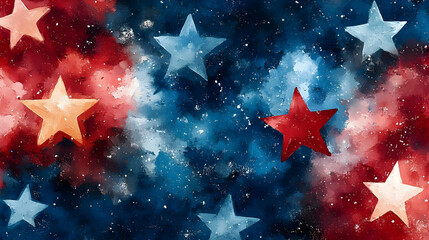 A colorful abstract background featuring stars in red, blue, and white hues.