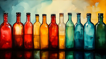 Wall Mural - A colorful arrangement of glass bottles filled with various liquids against a soft background.