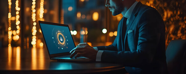 Cybersecurity Illustration - Businessman Working on Laptop with Security Interface
