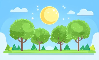 Wall Mural - An illustration of a happy funny picnic cartoon landscape with green grass, trees, bushes, and flowers, with forest nature as a background, and trees, bushes, and flowers as the background, with a