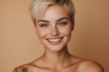 Young blond pretty smiling girl beauty female model with short blonde hair beautiful face healthy skin and tattoos looking at camera isolated at beige background. with generative ai