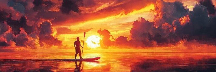 Poster - A man doing paddleboarding in water at sunset with colorful dusk sky