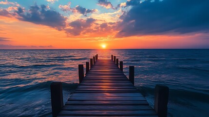 Canvas Print - Sunset over the Ocean with a Wooden Pier