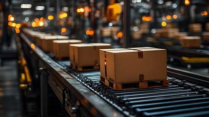 Poster - A conveyor belt with neatly stacked cardboard boxes in an industrial setting.