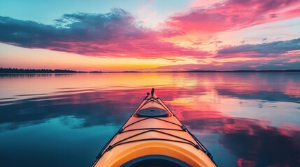 Wall Mural - Kayak boat in tropical sea water with colorful reflections at sunset