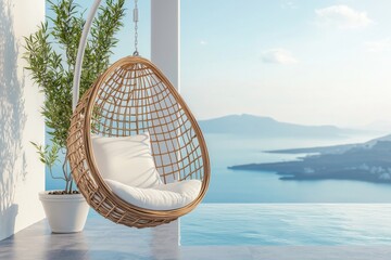 The rattan oval shaped pendant chair on the left is topped with white pillows and framed by a tropical seaside summer landscape outside the window.