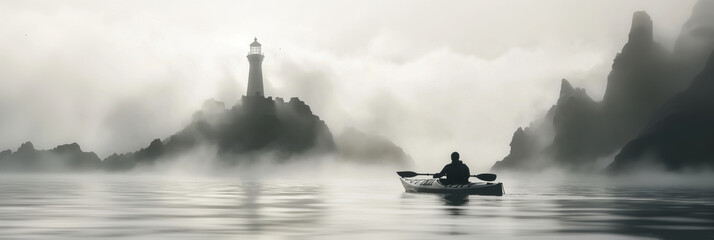 Poster - A kayaker boating in shallow rocky sea with lighthouse in a foggy day