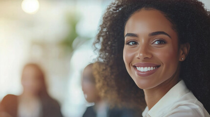 A confident CEO businesswoman collaborating with colleagues on project strategy, smiling as she leads the group during a corporate meeting. photo