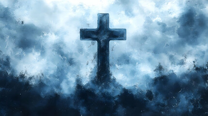 A cross emerging from a cloudy, ethereal background, symbolizing faith and spirituality.