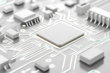 White background, white circuit board with gray chips, lines, and technical details