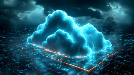 Canvas Print - A digital cloud structure illuminated in blue, set against a dark, futuristic background.