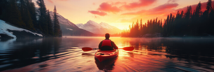 Poster - A person kayaking in lake water in winter with snow mountain at sunrise