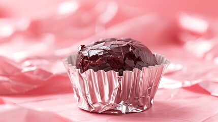 Wall Mural - Isolated chocolate cake in foil on a rose background