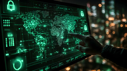 Canvas Print - A digital map displaying global data security with a hand pointing at it.