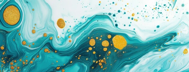 Wall Mural - Abstract fluid art painting with turquoise and gold glitter, liquid marble texture with water drops, luxury background design.