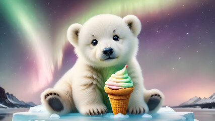 
cute happy polar bear with ice cream against the background of the northern lights