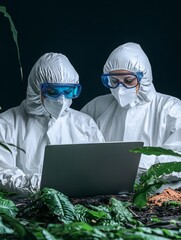 two researchers in protective gear analyze data on a laptop amidst greenery, highlighting teamwork i