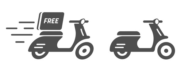 Wall Mural - Delivery free via motor scooter bike fast icon vector simple graphic pictogram illustration set, motorcycle silhouette shape courier shipping service isolated cut out black white image clip art retro
