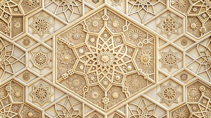 Ornate geometric pattern with stars and floral elements in beige tones for artistic wall decor