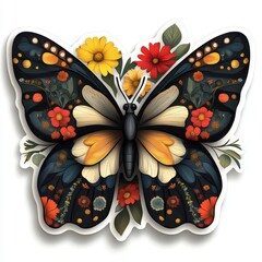 A colorful butterfly with flowers on its wings. The butterfly is surrounded by a white background. Concept of beauty and freedom, as the butterfly is free to fly