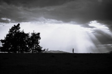 Wall Mural - Silhouette of a person walking in a field with dramatic sunrays.