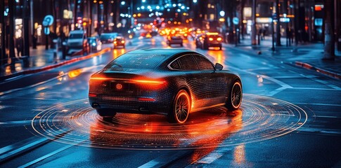 A futuristic car in a vibrant urban setting, illuminated by city lights and rain reflections.