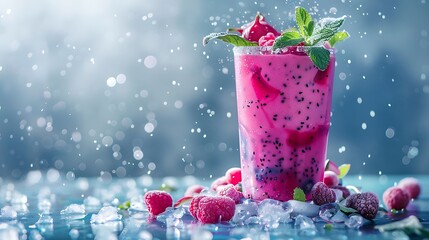 Wall Mural - Juice with dragon fruit and berries with fresh mint finish served on an icy background