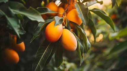 Juicy bright orange mangoes growing on farm branches