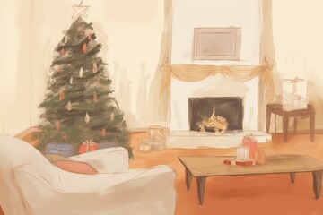 Poster - Watercolor of the Christmas Living room