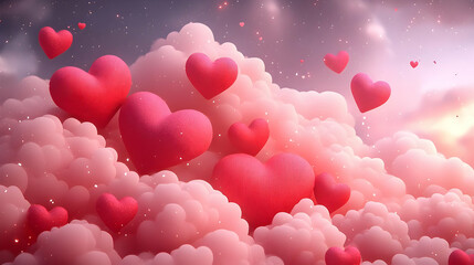 Canvas Print - A dreamy scene of pink clouds with floating hearts, evoking love and romance.