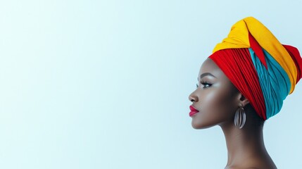 african  woman wearing a vibrant headwrap with blue, yellow, and red colors. This can symbolize beauty and cultural uniqueness