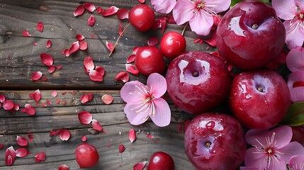 Wall Mural - Juicy red plums paired with beautiful soft pink petals of spring grows over a wooden theme