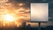 © ชลธิชา สว่างวงค์ - A blank advertising billboard illuminated by a stunning sunset over a city skyline, ideal for promotional designs and marketing.
